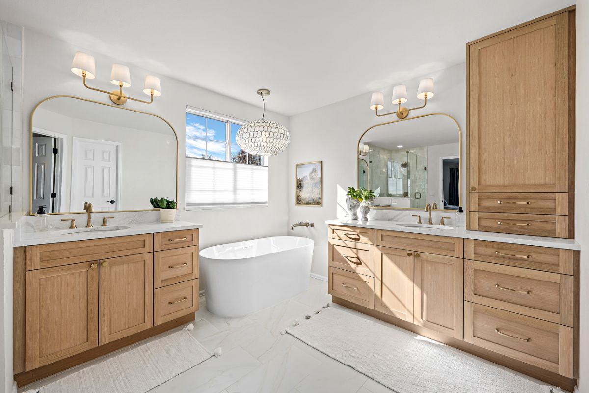 Open custom bathroom remodel with special wood cabinets