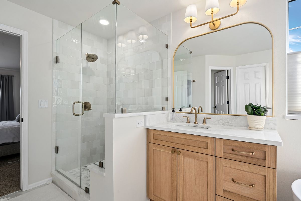 New white bathroom shower tile and sink design
