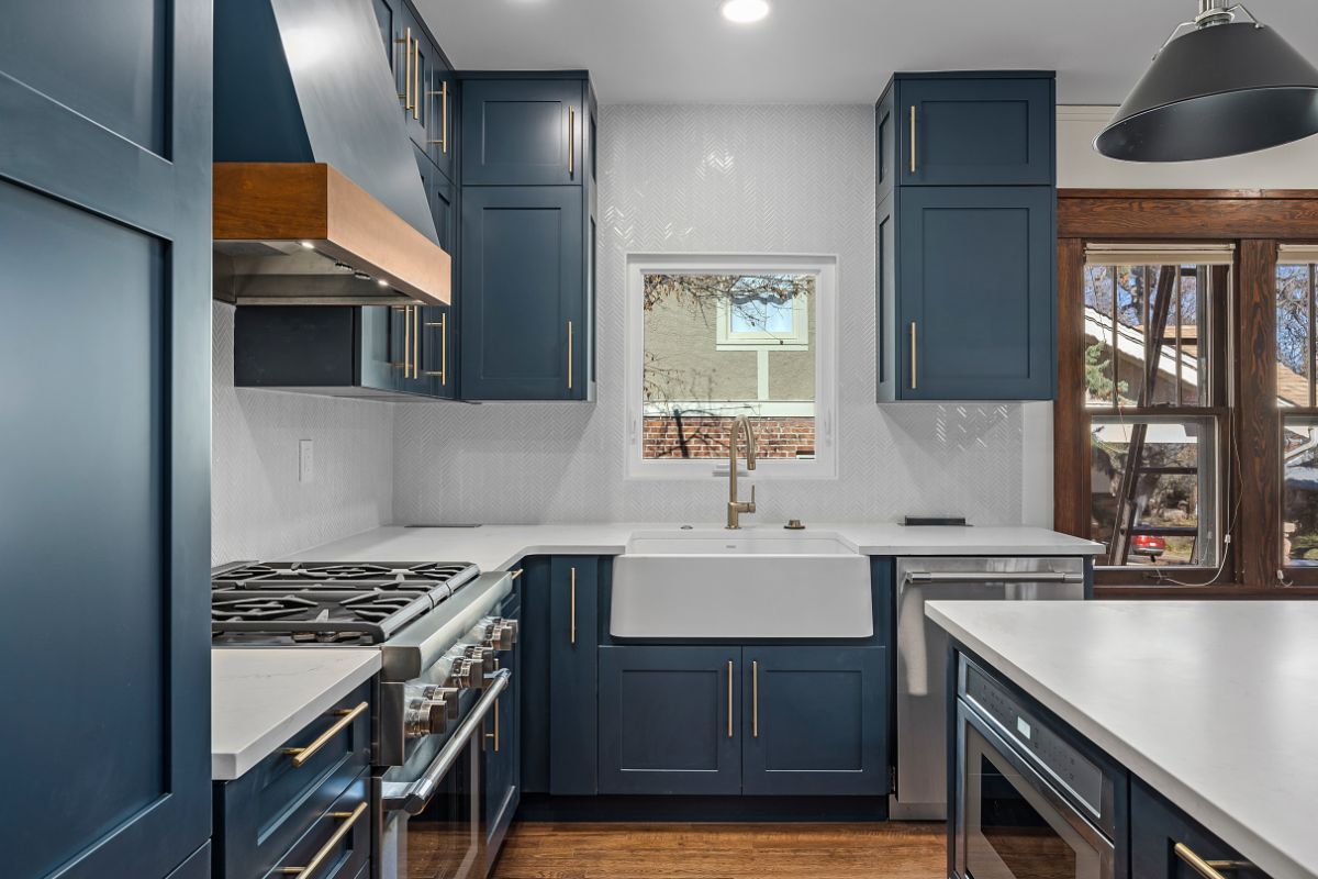 Open, spacious, custom blue cabinets and kitchen remodel